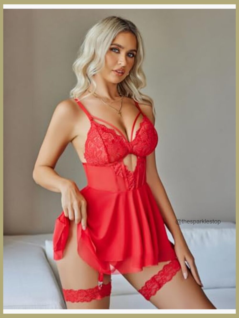 Lace Babydoll Chemise with Garter Belt, 90% Nylon 10% Spandex - Picture 5 of 7